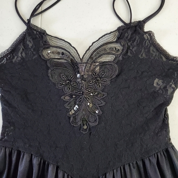 Vintage Cinema Etoile Beaded Slip Dress Size M Black Mesh Lace Sequin Retro Glam - Picture 2 of 16